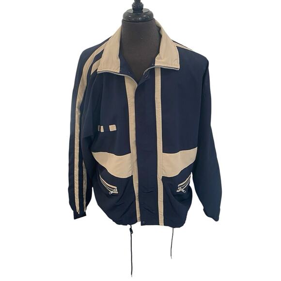 Vangelis Sports Wear Mens Windbreaker Size Large Full Zip Lined Blue Tan Jacket - Picture 1 of 12